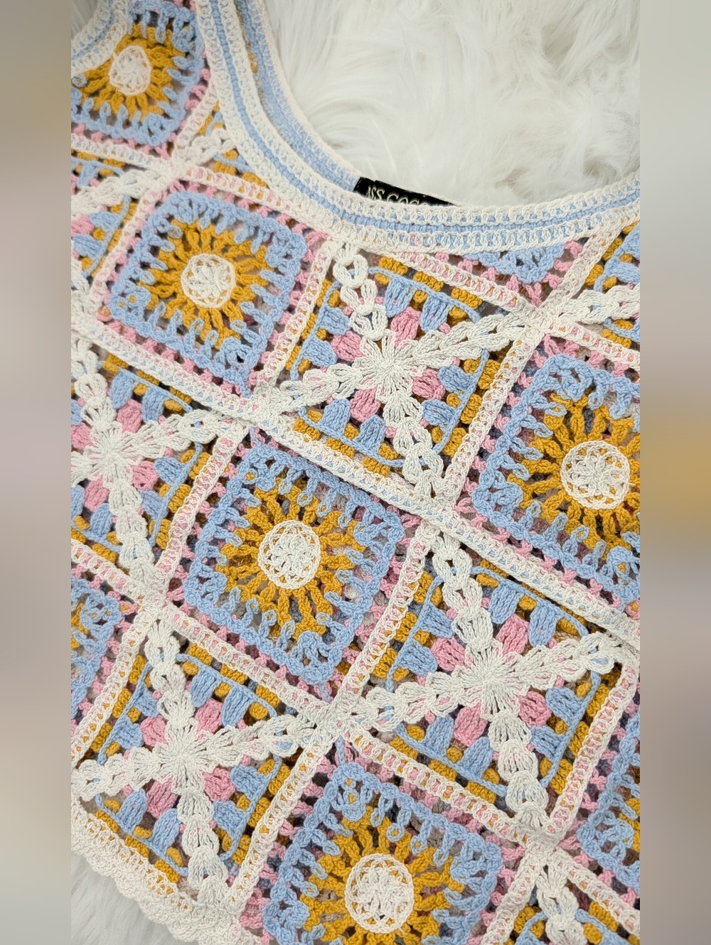 Crochet Square-Panel Copped Tank Top  Multicolor Sz M - Picture 7 of 9